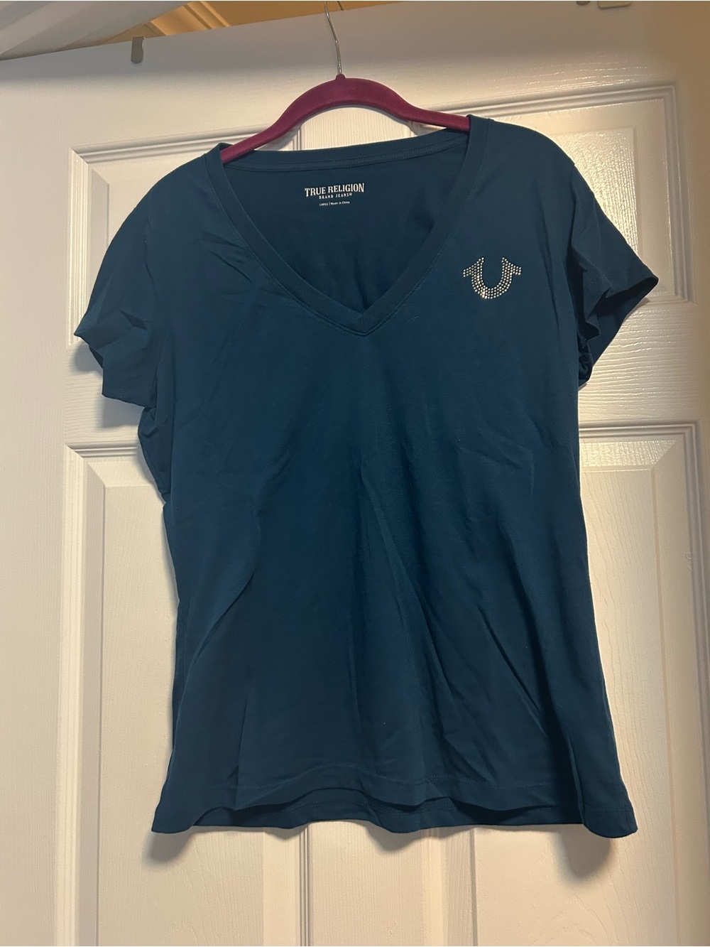 True Religion Women's Teal V-Neck Tee with Rhinestone Logo
